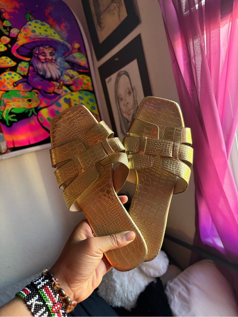 Women's Metallic Gold Croc-Embossed Slide Sandals